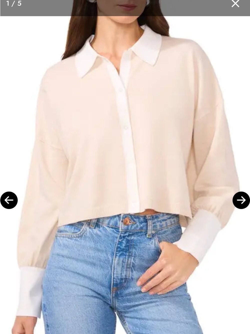 1. State Cream Knit Button-Down Top with White Collar